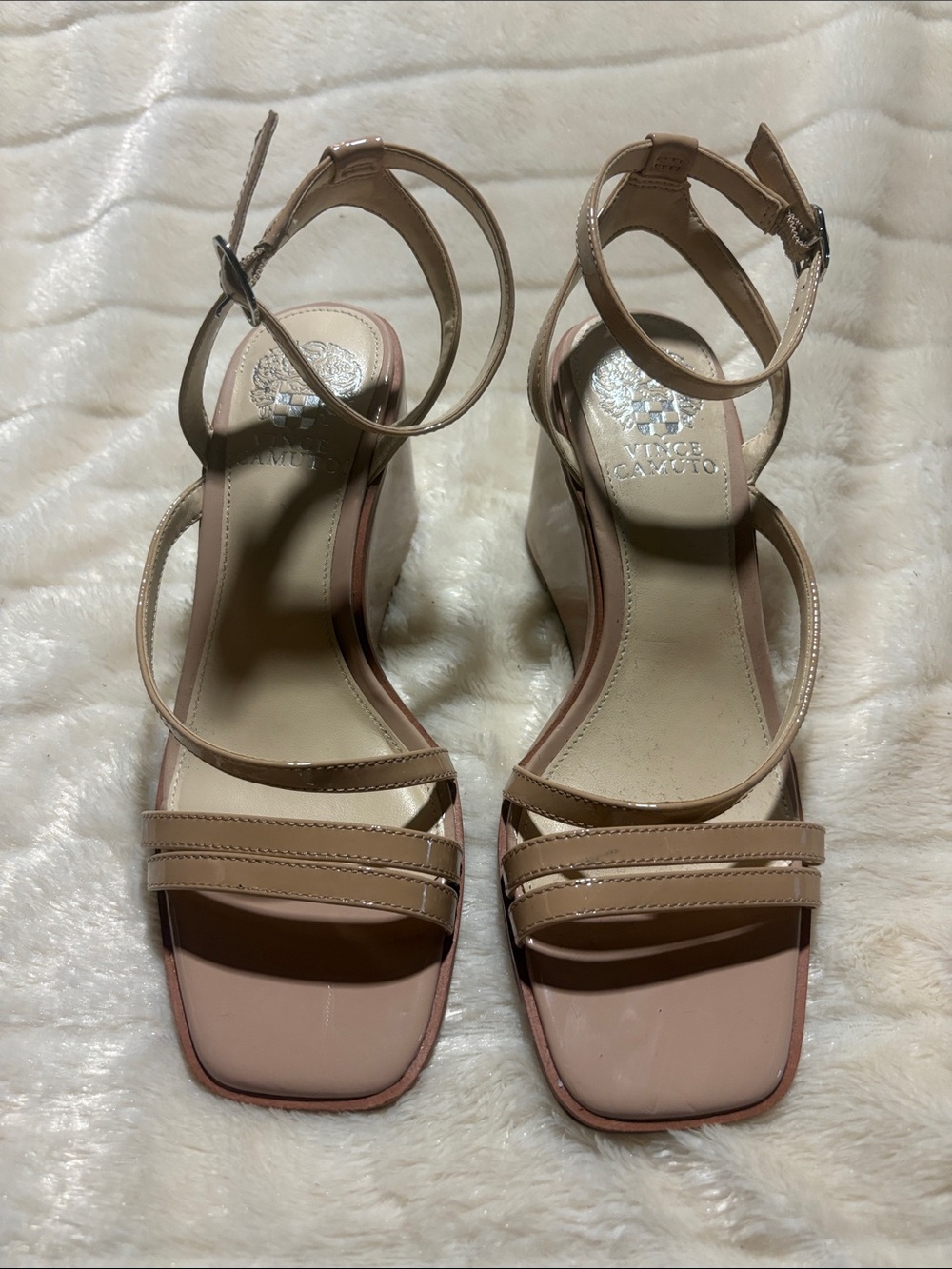 Vince Camuto Blush Patent Strappy Block Heel Sandals